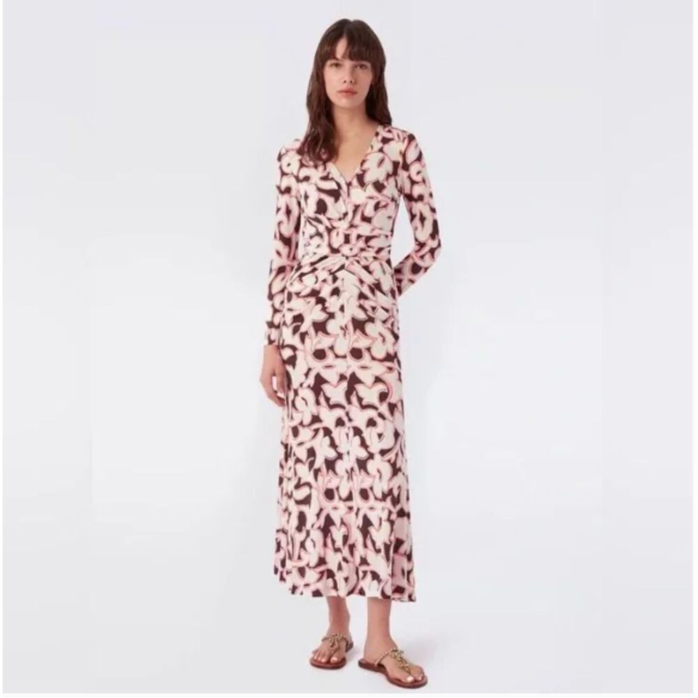 DVF Diane Von Furstenberg Timmy Long Dress in Cypress Cocoa Brown L Resort Retro - Picture 6 of 16